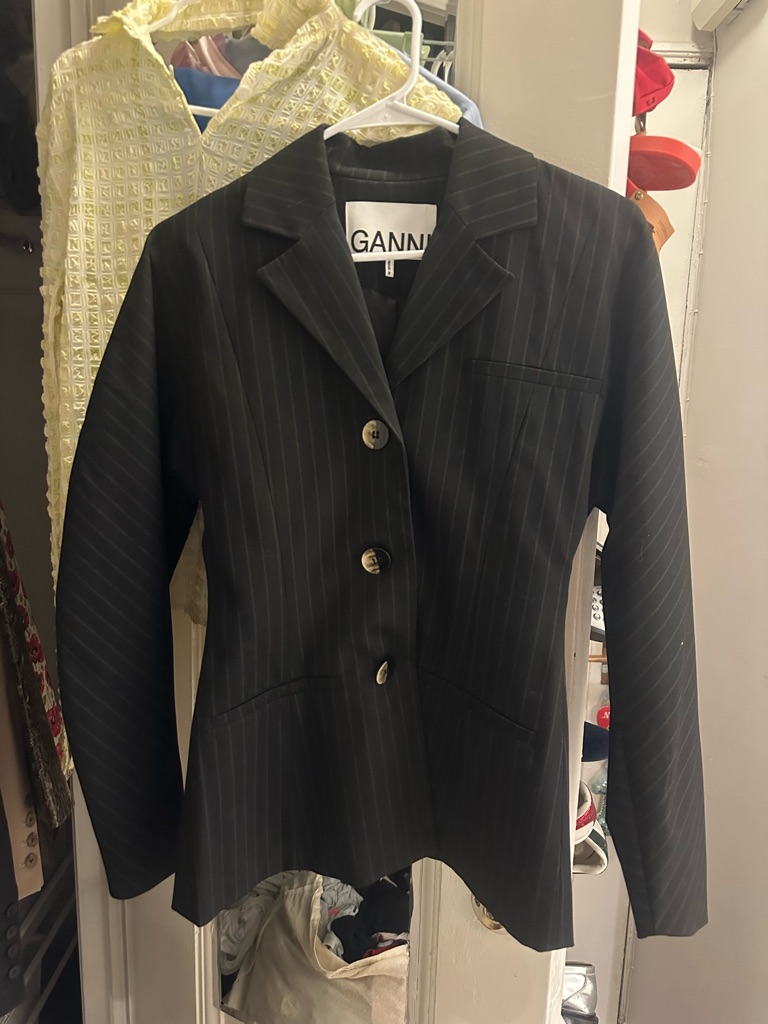 Ganni Black Pinstripe Tailored Blazer